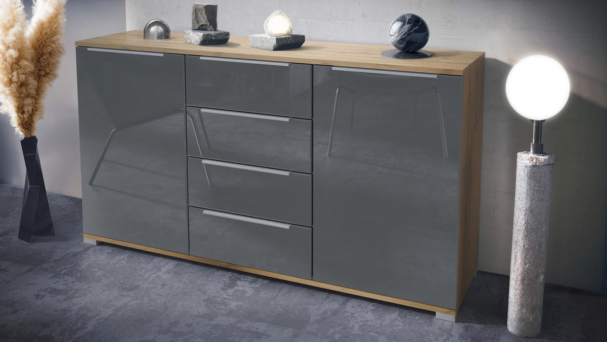 SIDEBOARD Linio Grau Hochglanz - Grau, Holzwerkstoff (138.5/75.5/35cm) - Vladon