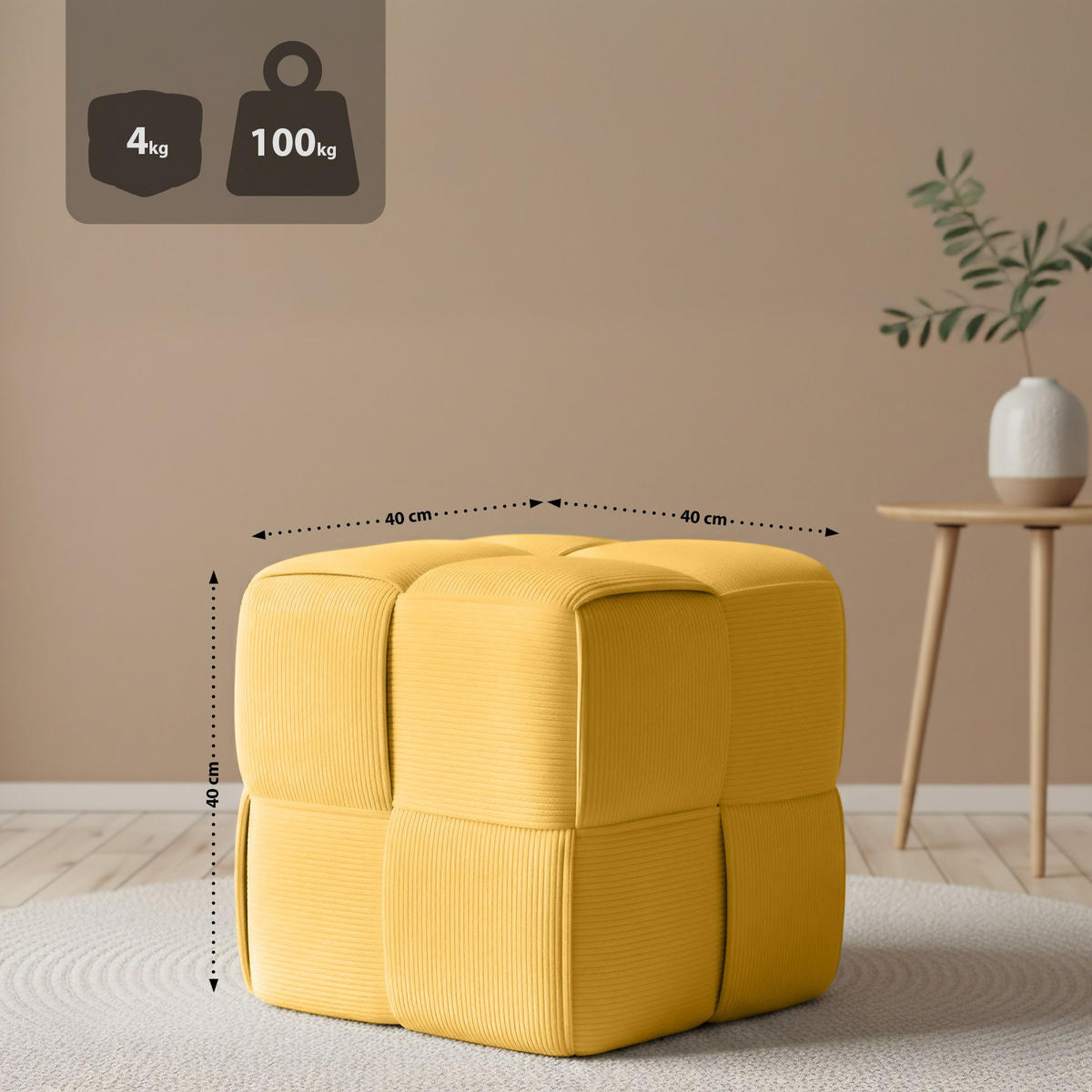 SITZWÜRFEL eckig 40/40/40 cm Cord Gelb - Gelb, Kunststoff/Textil (40/40/40cm) - CLP