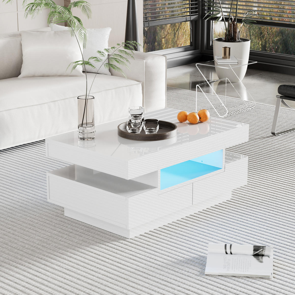 KONFERENČNÍ stolek z dřevotřísky 80x50x36 cm bílý s LED osvětlením, 4 zásuvkami a vysokým leskem - bílá, kompozitní dřevo (80/50/36cm) - Modfu