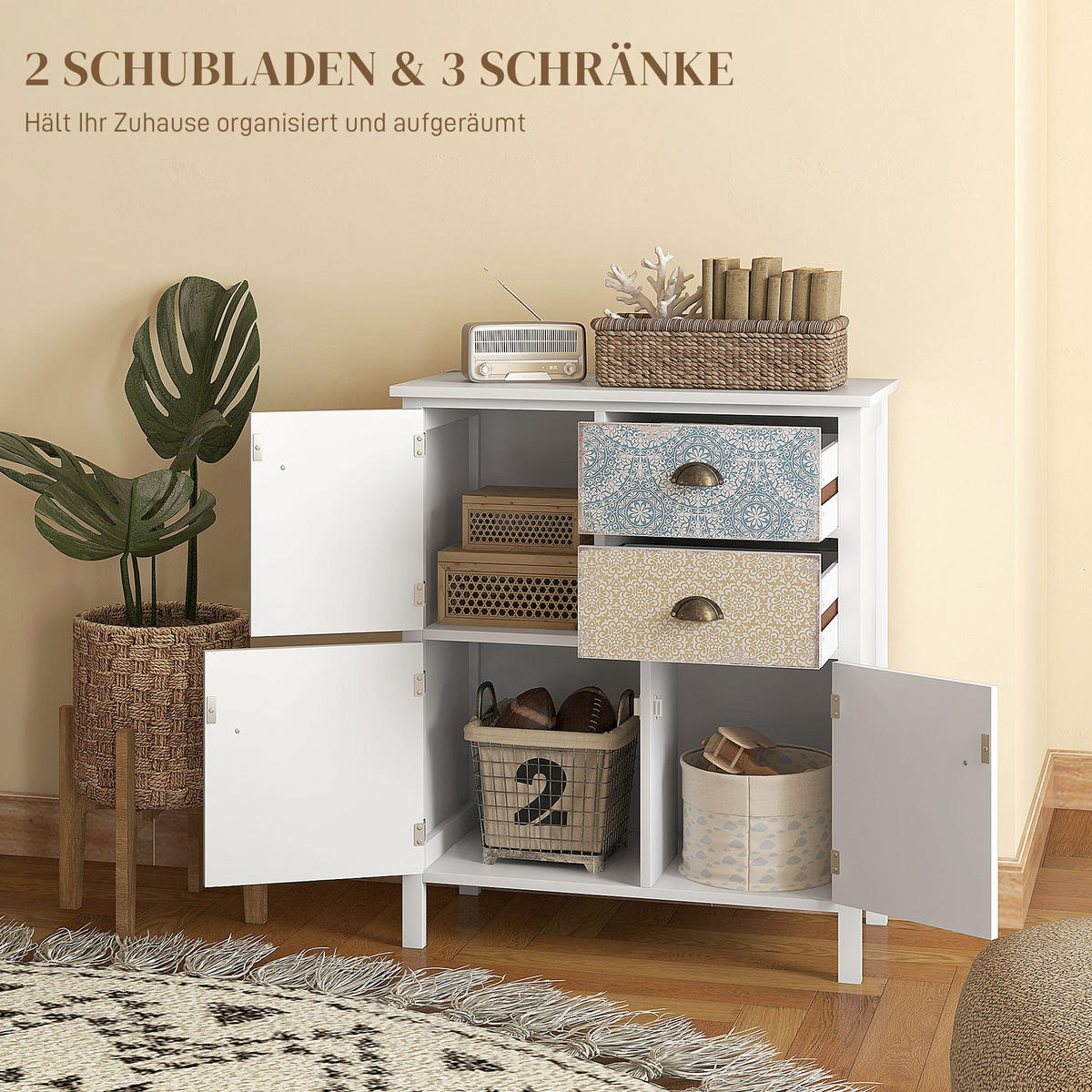 KOMMODE Aufbewahrungsschrank mit 2 Schubladen, 3 Schrankfächern, Weiß - Weiß, Holz (34/80/68cm) - HOMCOM