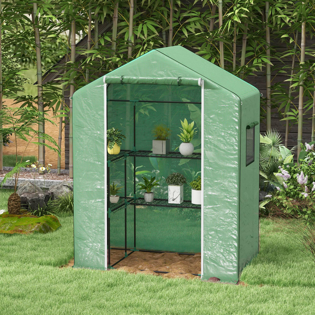 GEWÄCHSHAUS DE-11952 mit Tür, 2 Fenstern & U-Etagen Transparent - Grün, Kunststoff (73/190/140cm) - ComfortXL