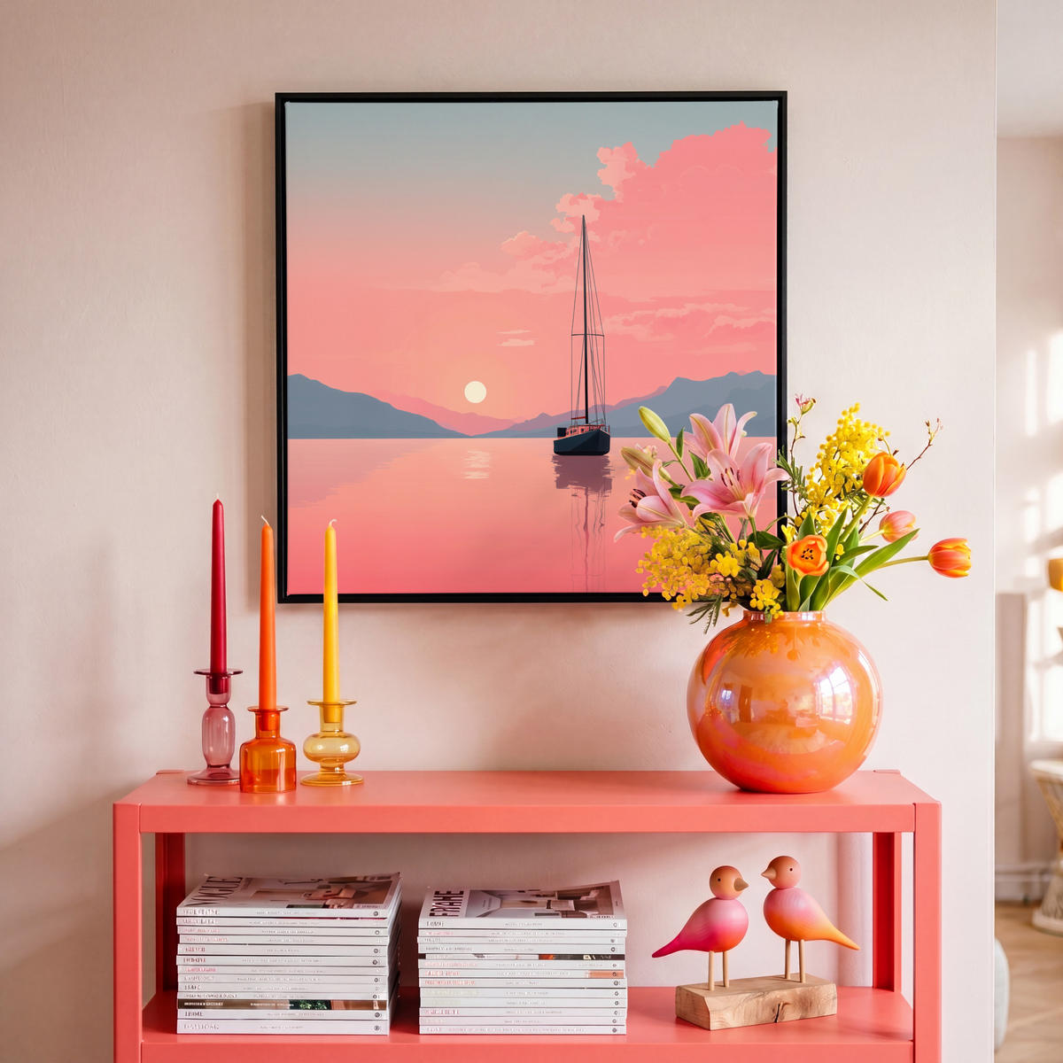 LEINWAND Bilder mit Rahmen - Segelboot - Rosa Meer - Sonnenuntergang - Berge - 50x50 - Rosa, Textil (50/50cm) - MuchoWow