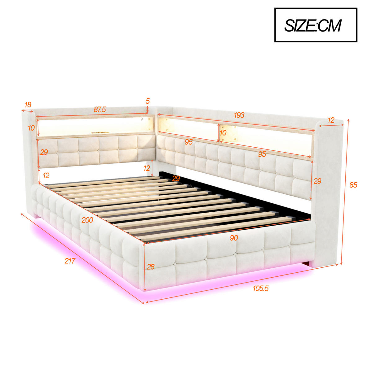 POLSTERBETT 90/200 cm mit LED-Beleuchtung, USB-, Typ-C-Anschluss, Steckdose, Bettkasten und Holzregalen, Samt Beige - Beige, Textil (90/200cm) - Redom