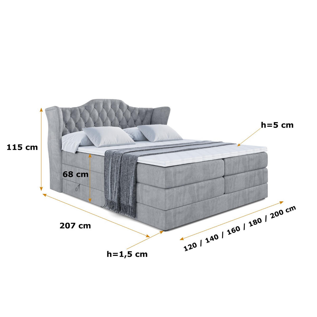 BOXSPRINGBETT VILA KING - 120x200 - H3/H4 - Grau - Grau, Holzwerkstoff (120/200cm) - ALTDECOR