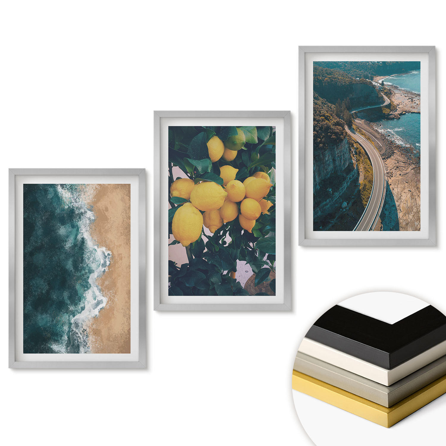 WANDBILDER 3er Set - 40x60 cm Silberner Rahmen - Meerstrand Zitronen Berge - Silberfarben, Kunststoff (40/60cm) - ArtPrintCave