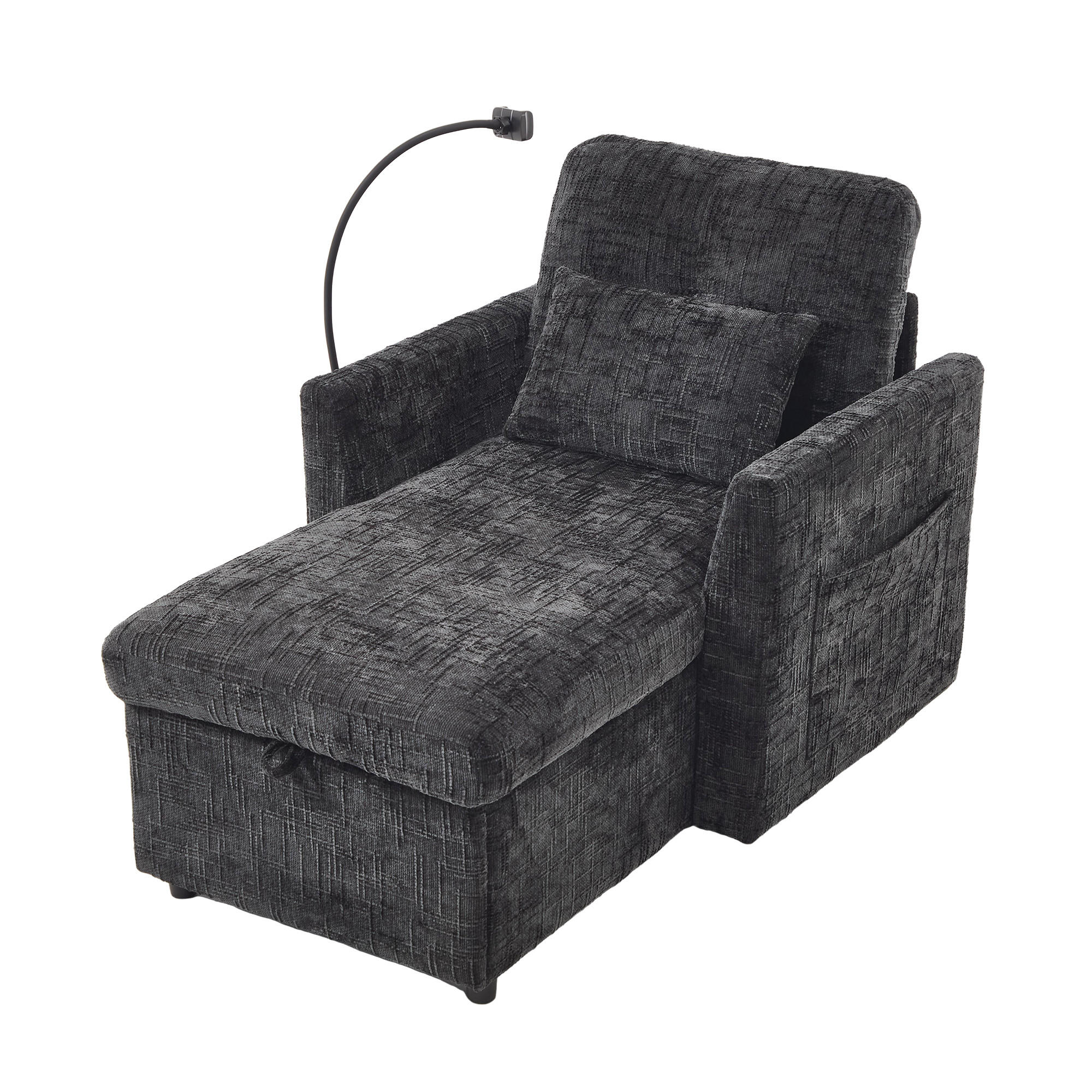 LOUNGESESSEL Chenille mit Handyständer und Stauraum 125/84,5/87 cm Schwarz - Schwarz, Textil (84.5/87/125cm) - Redom