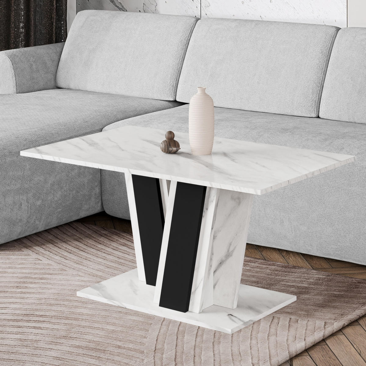 COUCHTISCH 100 cm Weiß Marmor-Optik - Weiß Hochglanz, Holzwerkstoff (60/100/55cm) - Home Collective