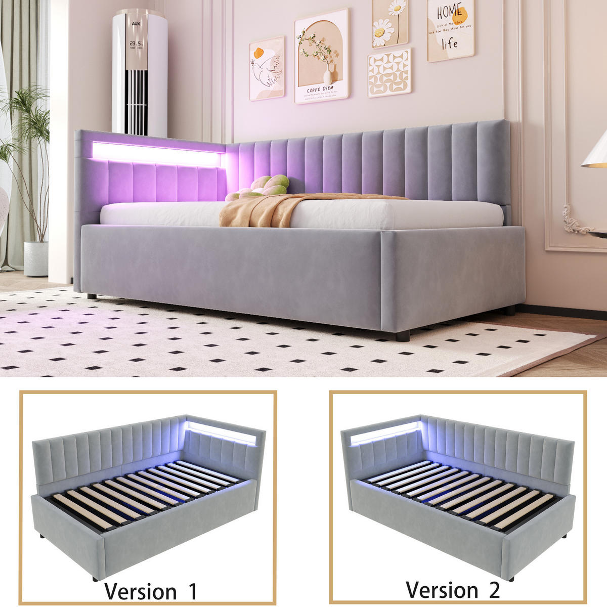POLSTERBETT Schlafsofa 90/200 cm Grau aus Samt mit LED und Stauraum - Hellgrau, Textil (90/200cm) - OKMYHOME