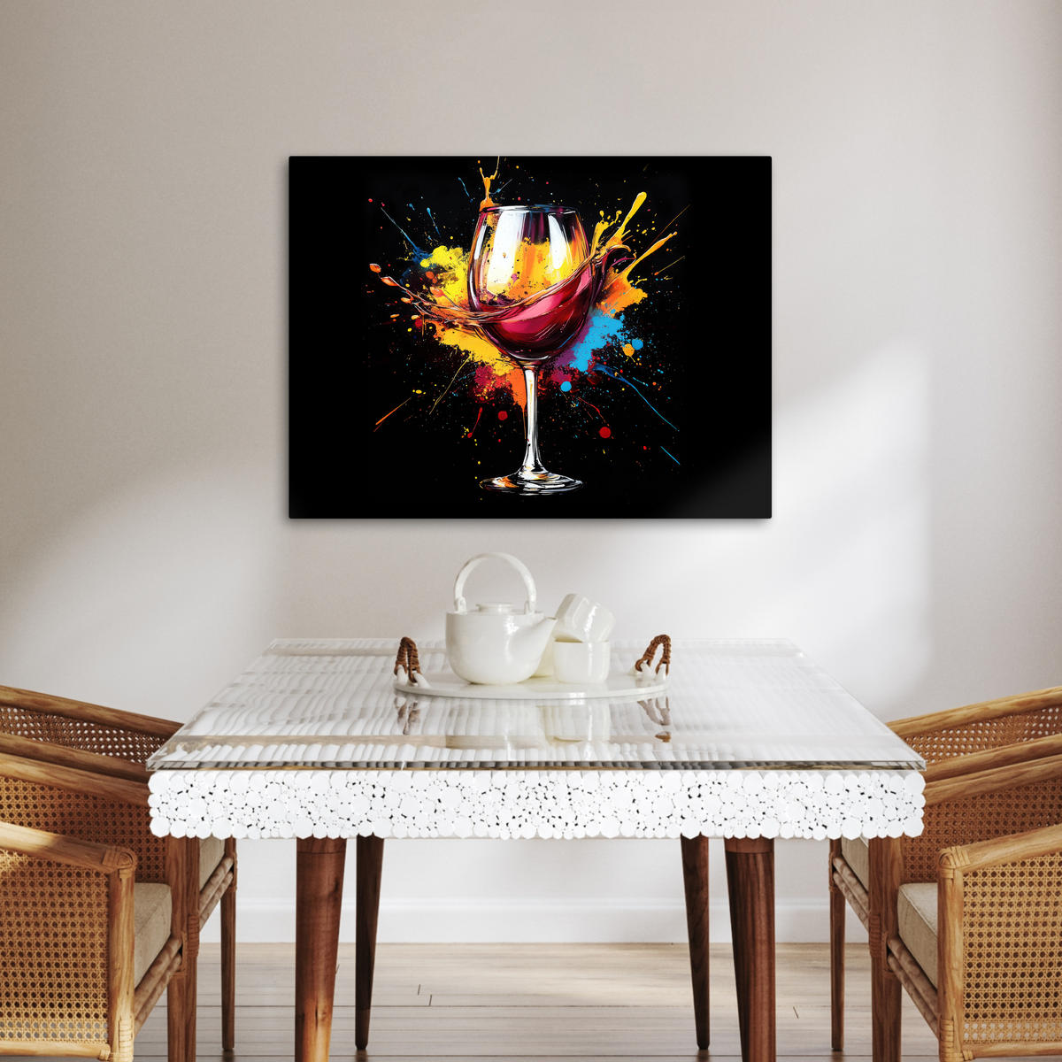 LEINWANDBILD Wein - Glas - Graffiti - Getränk - Rot - Farbe Wandbilder 80x60 cm - Weinrot, Textil (80/60cm) - MuchoWow