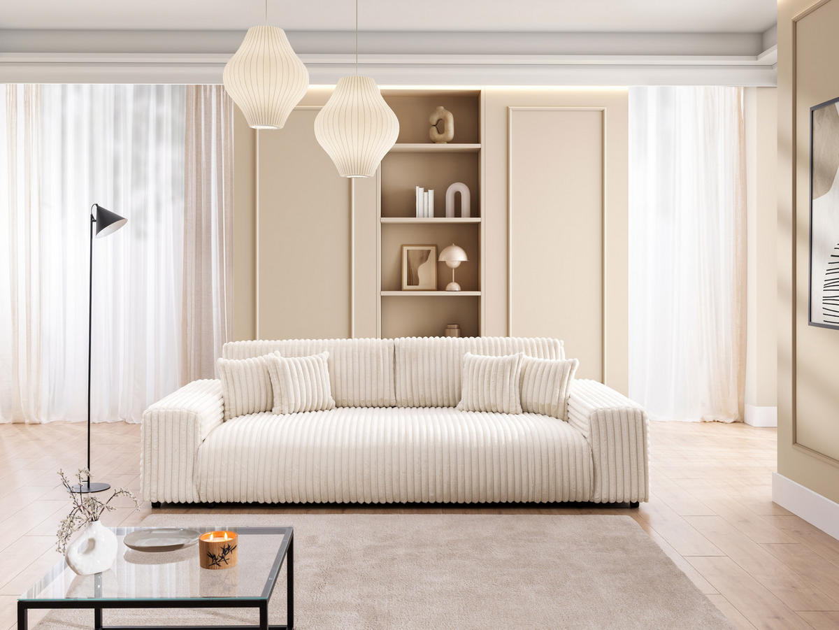 BIGSOFA Mollis Hellbeige Plüschcord mit Schlaffunktion - Beige/Schwarz, Holz/Kunststoff (260/77/124cm) - S-Style Möbel