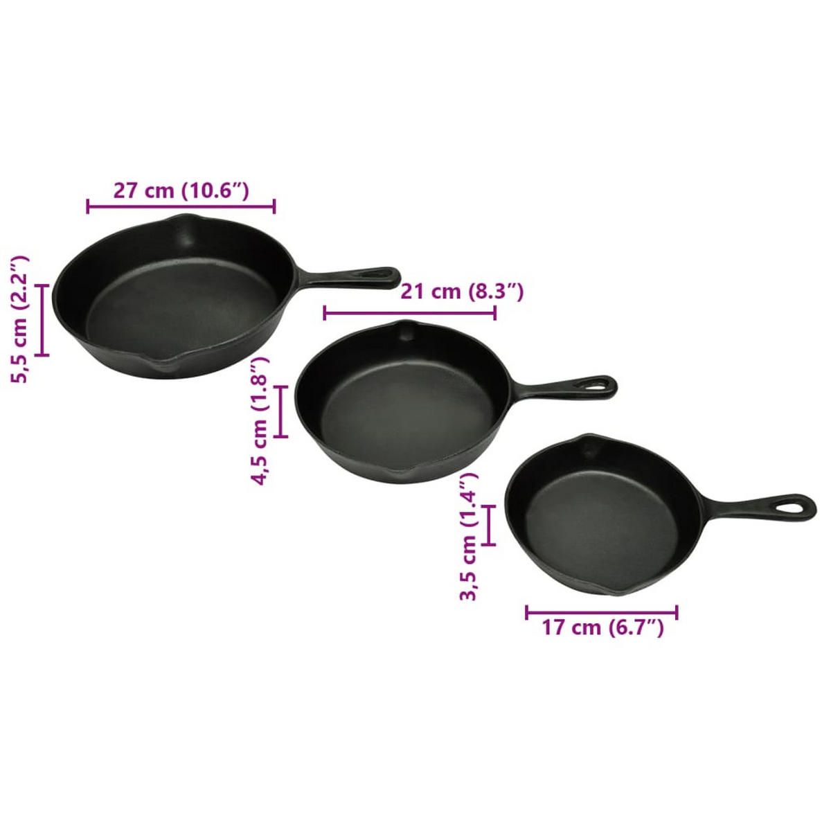 STEAKPFANNENSET 3-TLG. Gusseisen - Schwarz, Metall (27/27/5.5cm) - vidaXL