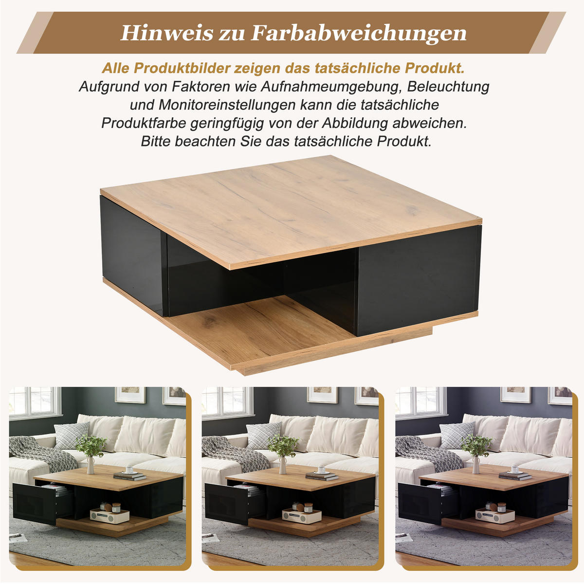 COUCHTISCH 70x70x31.5cm Schwarz Holzfarbe mit 3 Schubl. - Walnussfarben/Schwarz, Holzwerkstoff (70/70/31.5cm) - FLIEKS