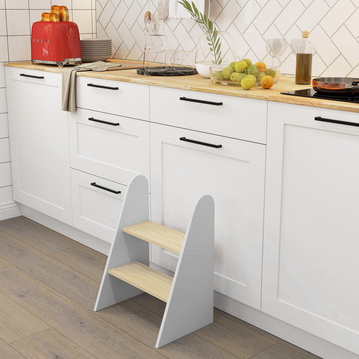KINDERTRITTHOCKER DE-17238 2-stufig, rutschfest Weiß - Weiß, Naturmaterialien (30/55/43cm) - ComfortXL