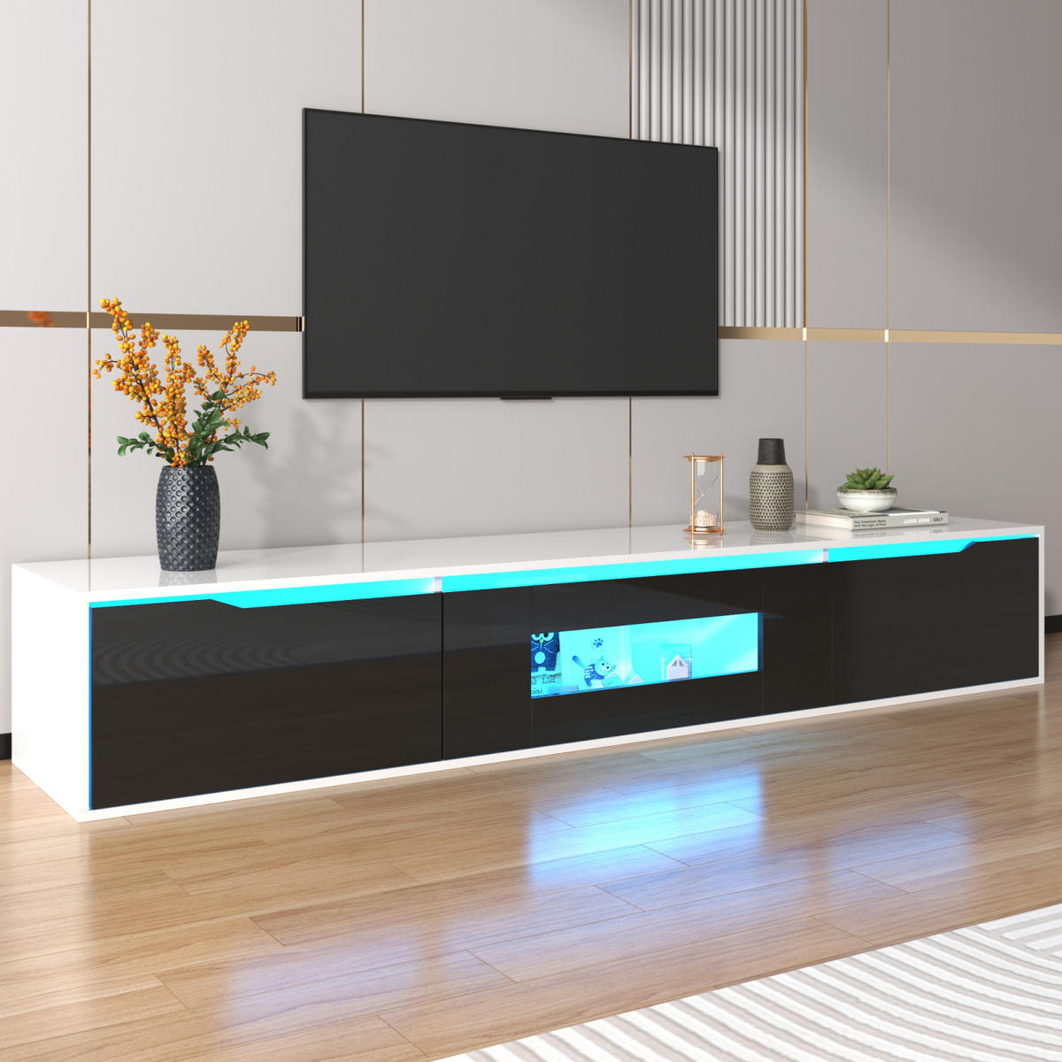 TV Lowboard LED, Hochglanz, Schwarz Weiß - Weiß, Holz (142/17/46cm)