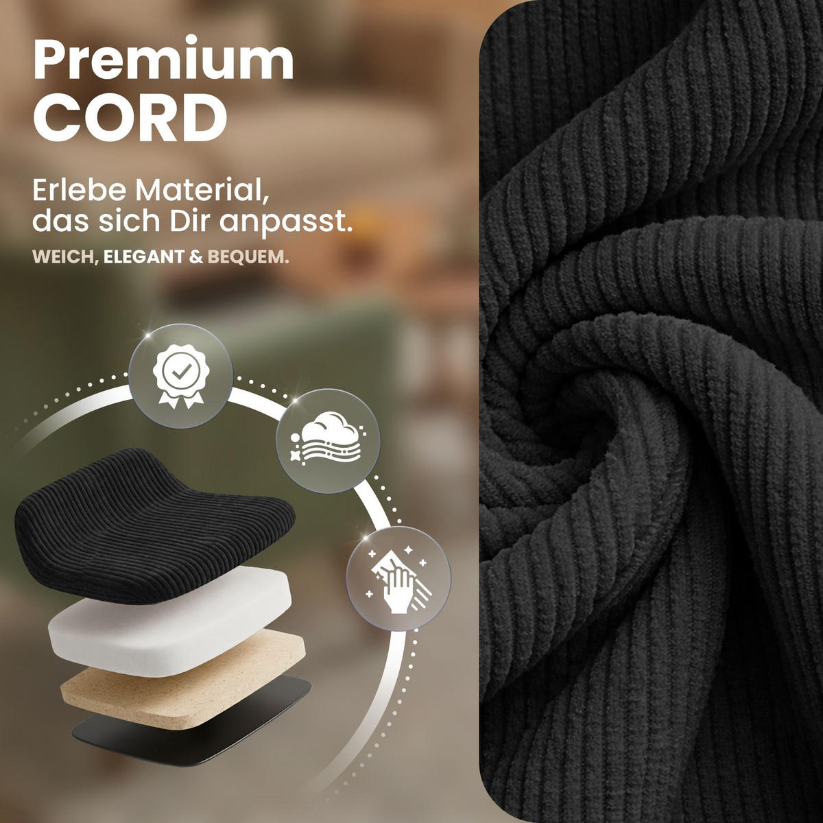 ARMLEHNENSTUHL Cord Schwarz - Schwarz, Textil/Metall (60/81/59cm) - CLP