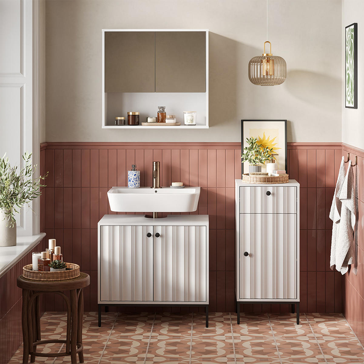 BADMÖBEL-SET Eliza Weiß Riffel 3 Teile - Weiß, Holzwerkstoff (70/65/45cm) - Vicco