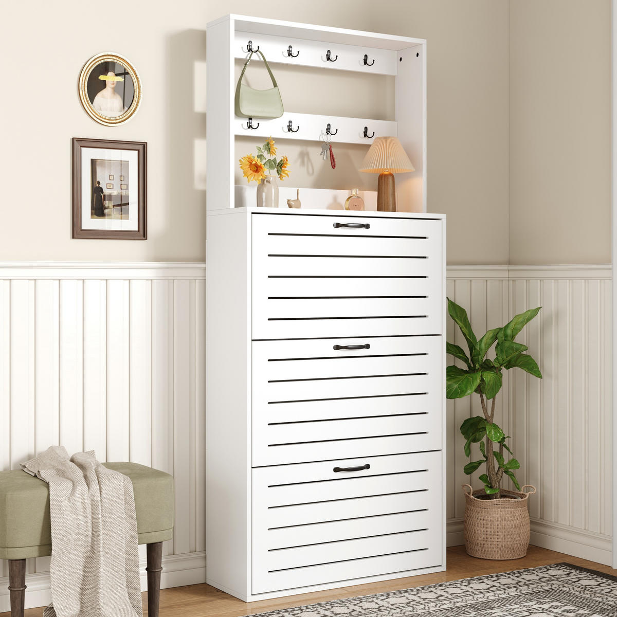 SCHUHSCHRANK 3 Türen Haken Stauraum - Weiß, Holzwerkstoff (70/163/25cm) - Fortuna Lai