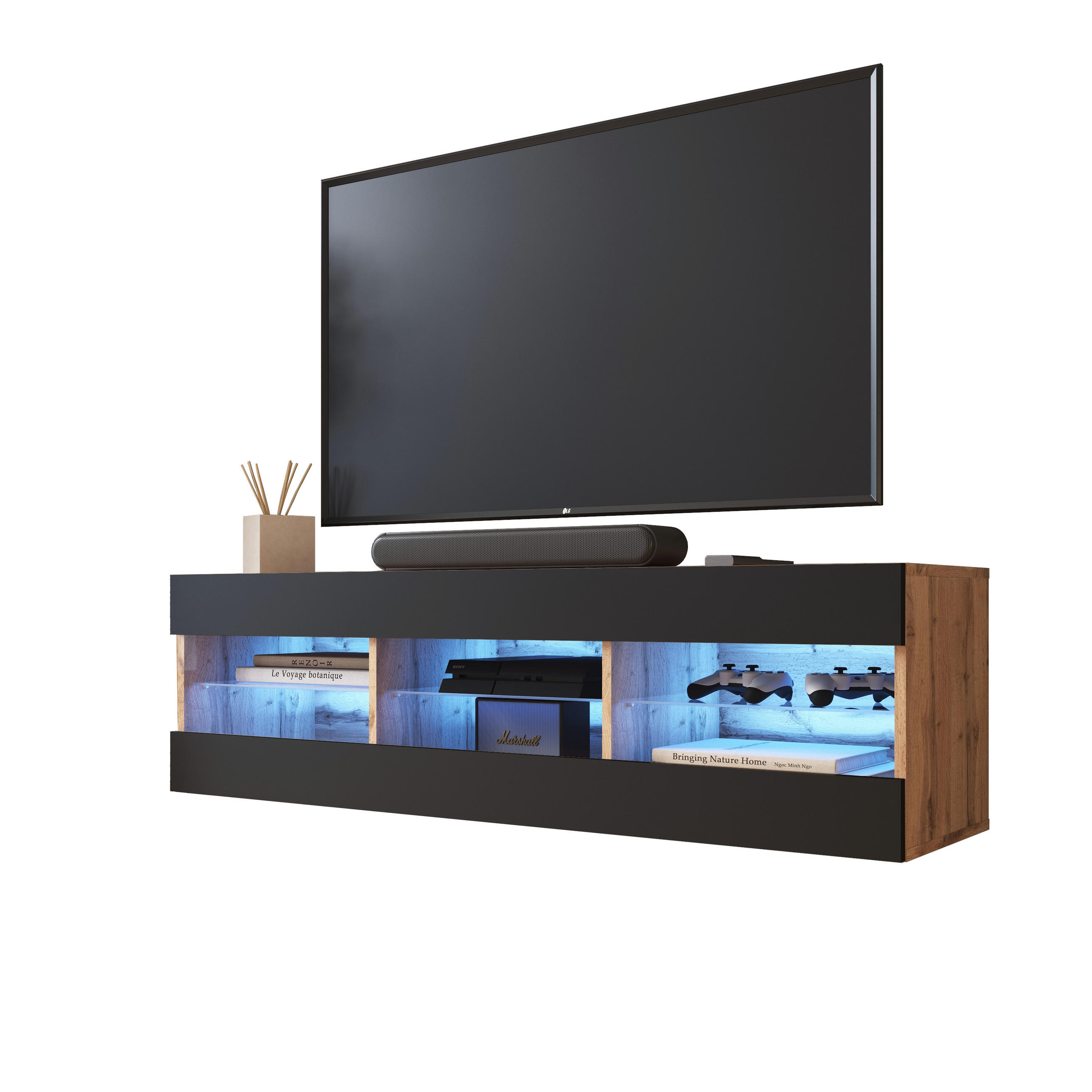 Komodee Lowboard Eiche Wotan, Schwarz 140x40.5x35.5 cm