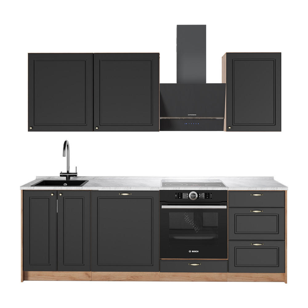 KÜCHENZEILE Fame-Line, Anthrazit-Gold Landhaus/Goldkraft Eiche, 230 cm, AP Marmor - Honigeiche/Anthrazit, Holzwerkstoff (230/82/60cm) - Vicco