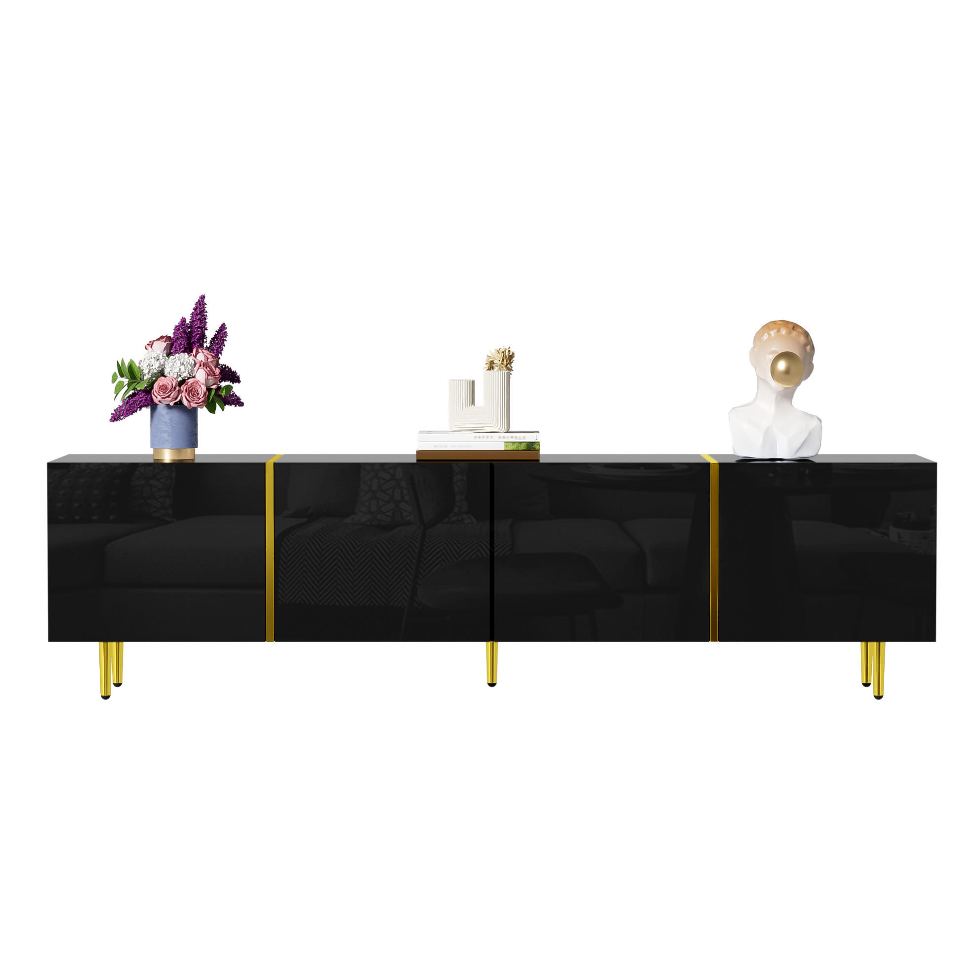LOWBOARD in Schwarz und Gold Hochglanz-TV-Schrank mit 4 Türen für Wohnzimmer, B170/T35/H46 cm - Goldfarben/Schwarz, Holzwerkstoff/Metall (170/46/35cm) - STILVORA