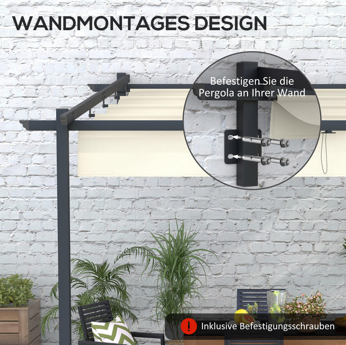 PERGOLA aus Aluminium 297x297x200/230 cm in Beige mit ausziehbarem Stoffdach - Beige, Metall (297/230/297cm) - Modfu