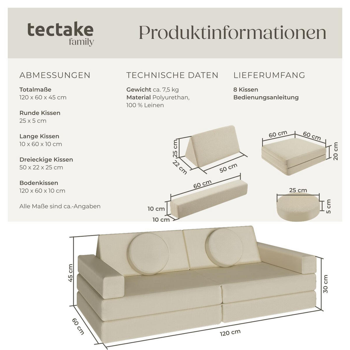SPIELSOFA Lilly,stapelbar,beige - Beige, Textil (120/45/60cm) - tectake