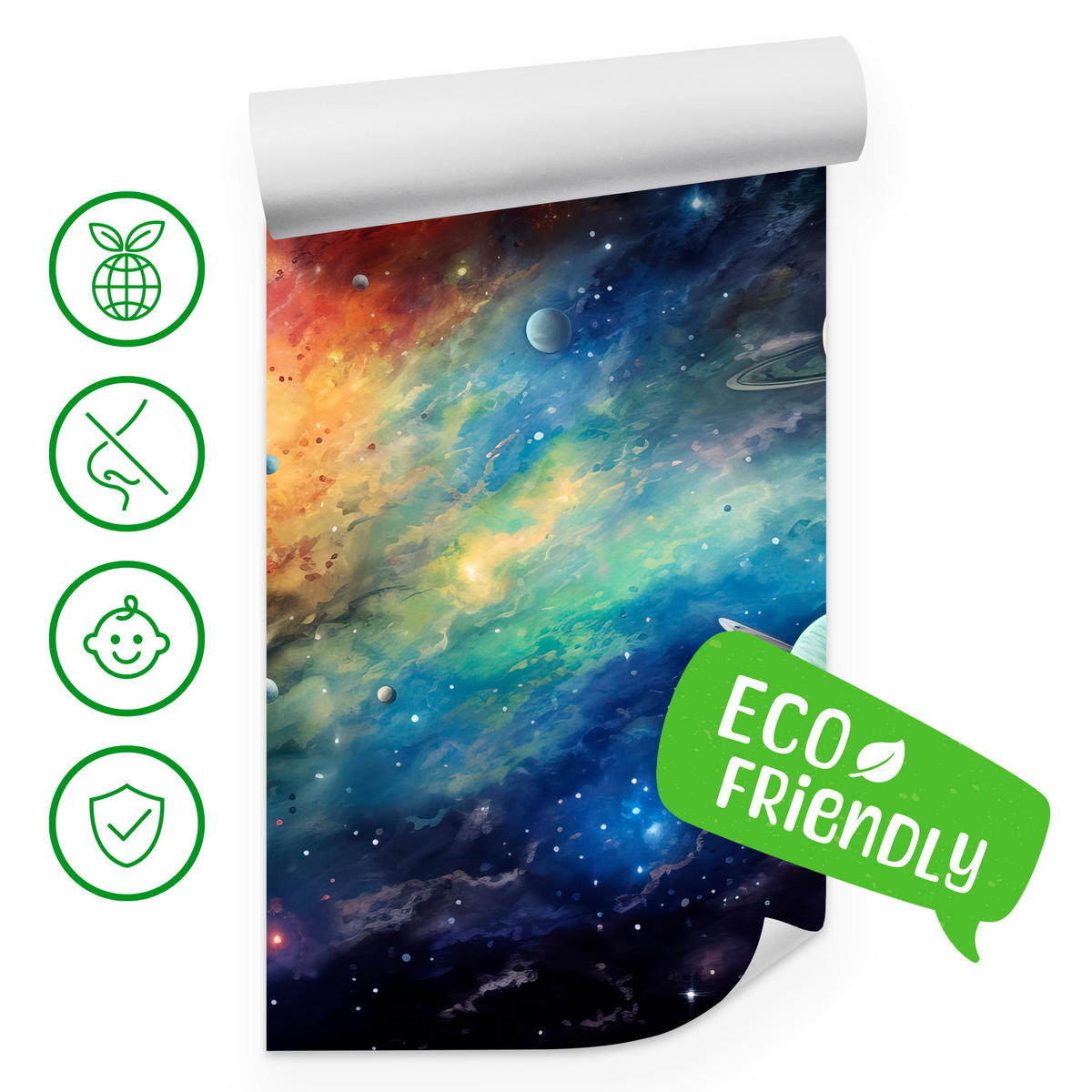 FOTOTAPETE für Jugendzimmer Aquarell Galaxie Planeten Sterne 450x315 - Blau/Gelb, Papier (450/315cm) - Muralo