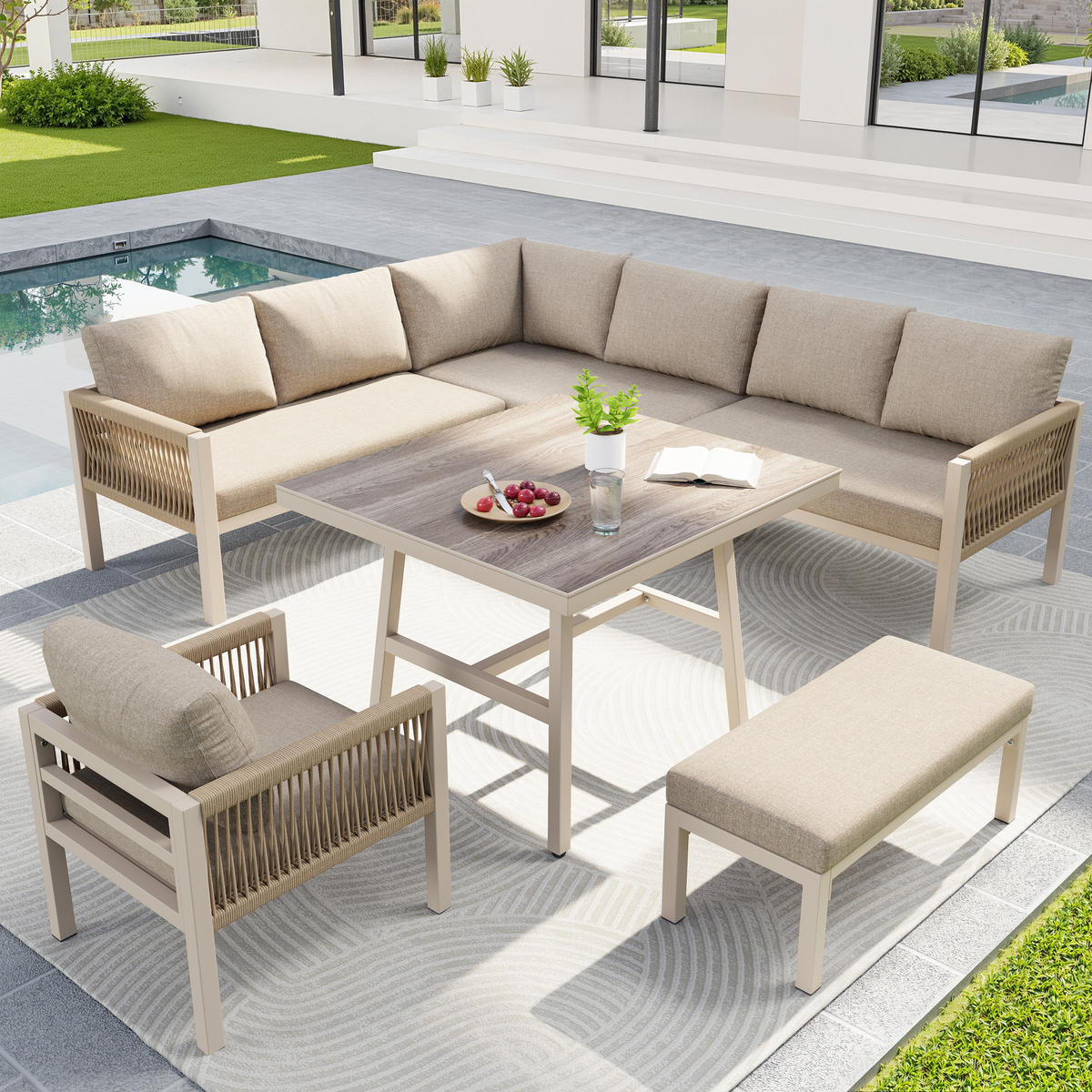 GARTENSET L-Form 8 Personen Beige Inkl. Tisch & 1 Sessel - Beige, Metall - FLIEKS