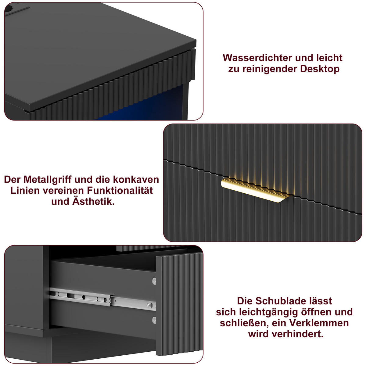 NACHTSHRANK Schwarz mit LED-Beleuchtung, Steckdose, USB & Type-C, Nachttisch mit 2 Schubladen, 40/40/60 cm - Goldfarben/Schwarz, Holz/Metall (40/60/40cm) - BPKADHY