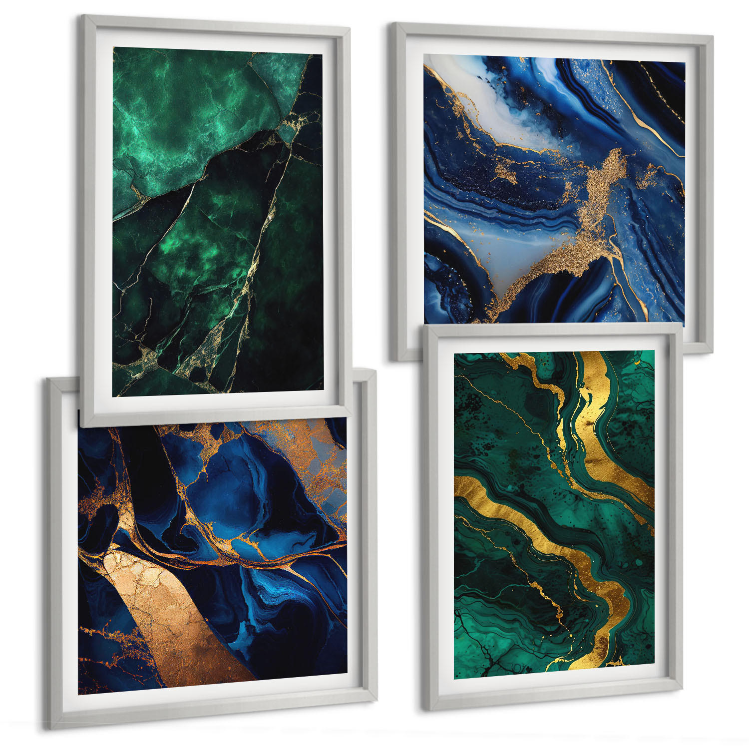 BILDER SET 4er Set - 50x50 cm & 40x60 cm Silberner Rahmen - Elegante Muster auf Steinen - Silberfarben, Kunststoff (50/50cm) - TULUP