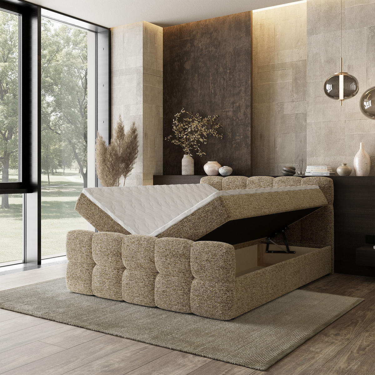 BOXBETT BRUME 180x200 cm mit Matratze und Topper, H2+H3 - Beige - Beige, Holz (180/200cm) - MASSENO