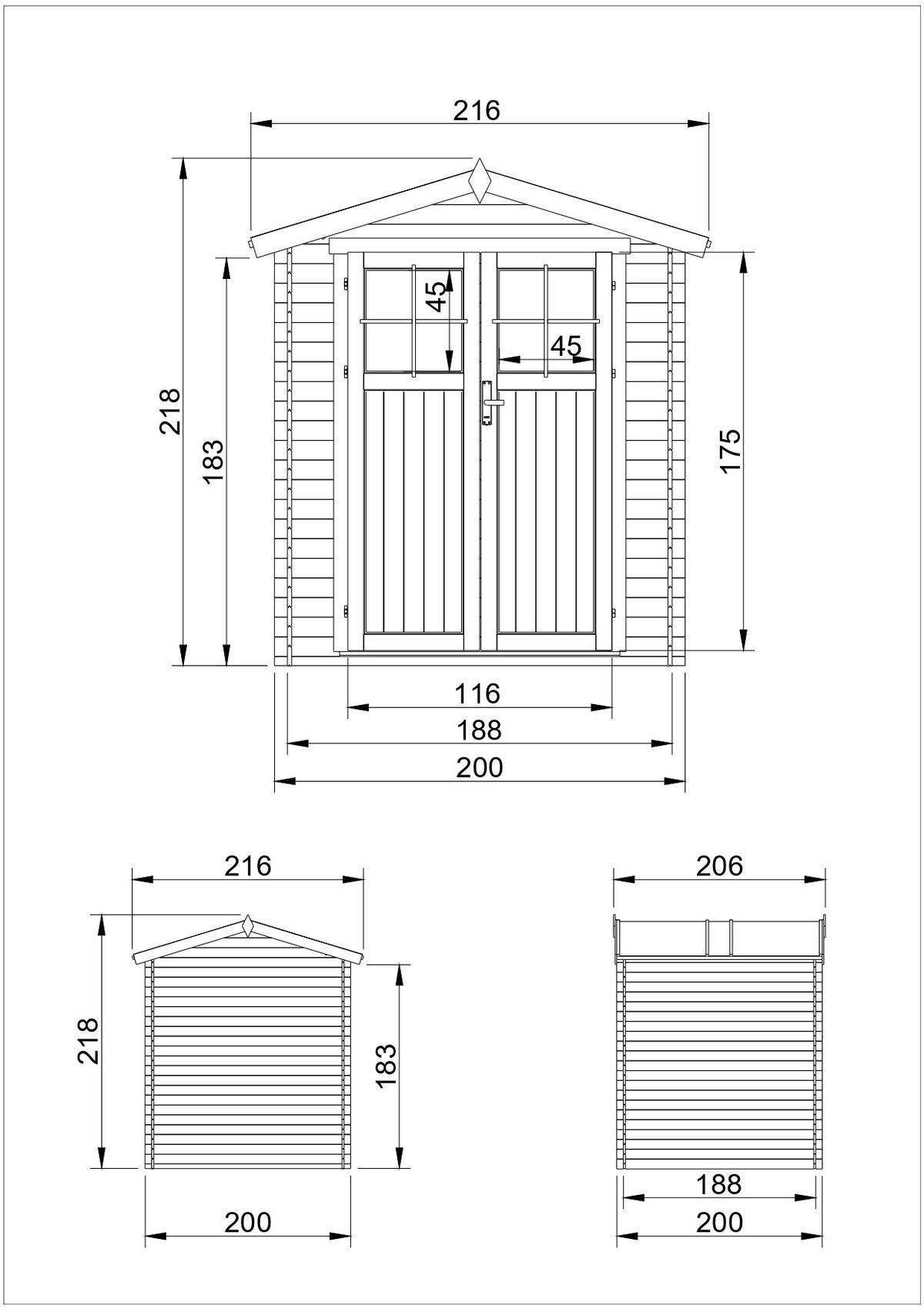 GARTENHAUS HOLZ - B216xL206xH218 cm/ 3.53 m2 - M343F+M343G - Beige, Holz (216/224/200cm) - Timbela