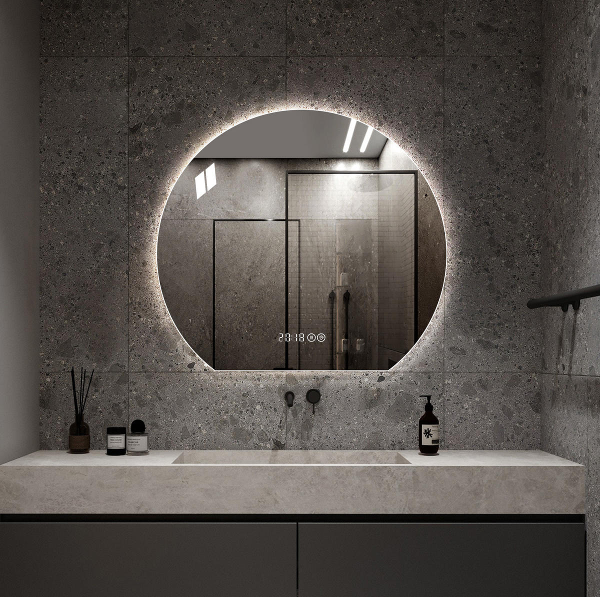 LED Badezimmerspiegel 80x72x2.5cm Silber, dimmbar mit 3 Lichtfarben, Entspiegelung & Smart-Display - Silberfarben, Glas (2.5/80/72cm) - Modfu