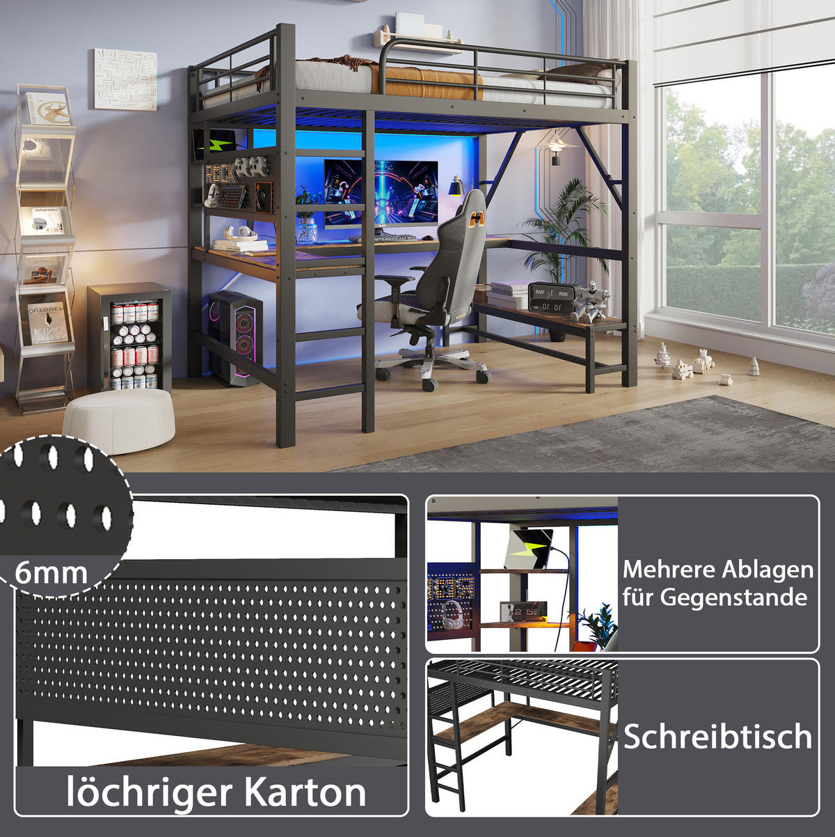 HOCHBETT aus Metall und MDF 160x200 cm Schwarz mit Schreibtisch, LED-Leiste und USB-Type-C-Anschluss - Schwarz, Metall (160/200cm) - Modfu