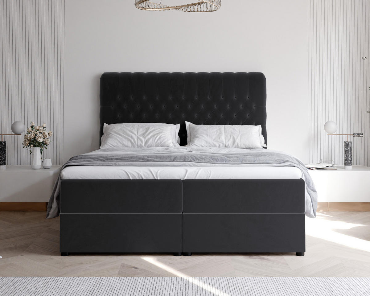 BOXBETT ALBA 140/200 cm mit Matratze und Topper, Schwarz - Schwarz, Textil (140/200cm) - Idohome