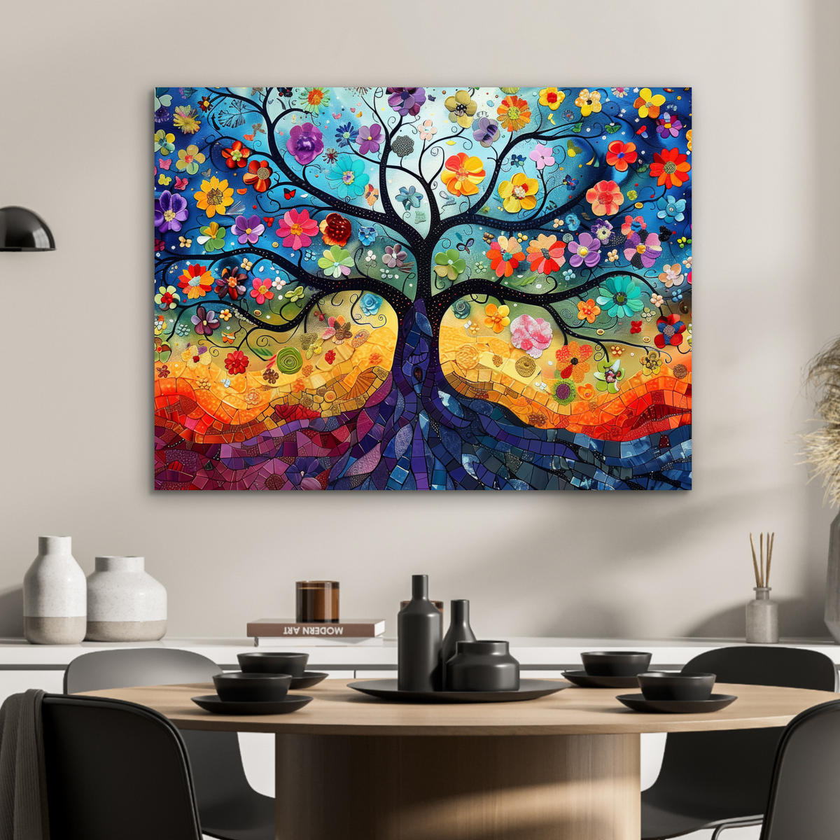 KOVOVÝ OBRAZ Umenie - Strom života - Kvety - Hippie 80x60 cm - tmavomodrá, kov (80/60cm) - MuchoWow