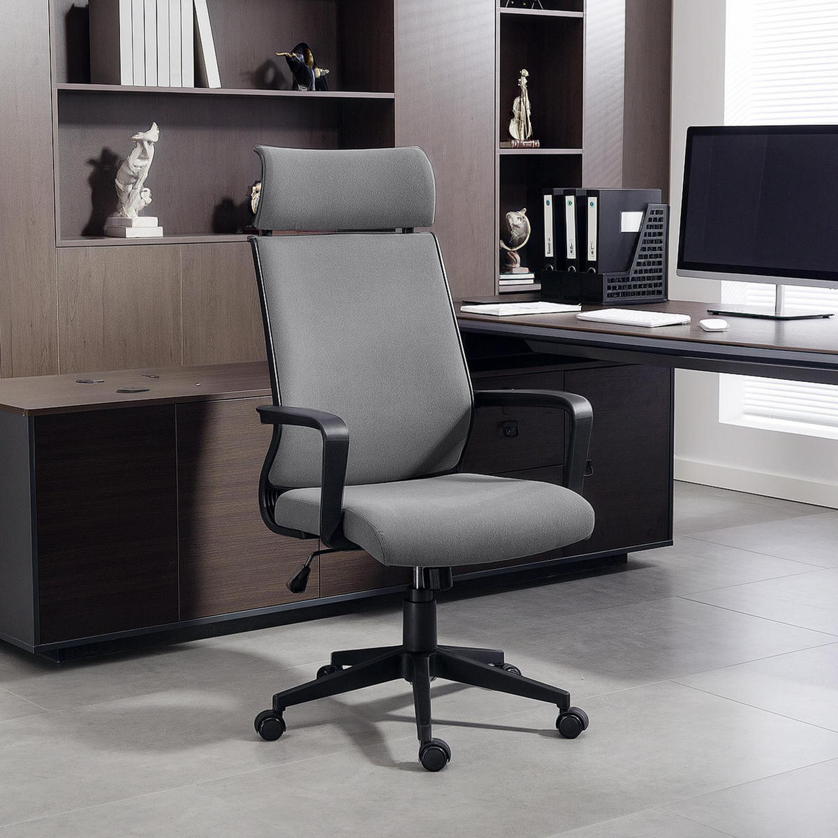 BÜROSTUHL, Ergonomischer Schreibtischstuhl mit Armlehne, Kopfstütze, Dunkelgrau - Dunkelgrau, Kunststoff (60.5/117/69cm) - HOMCOM