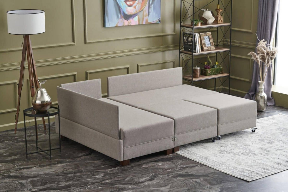 ECKSOFA mit rollbarer Schlaffunktion - Beige/Walnussfarben, Holz/Textil (280/210cm) - myHomelando