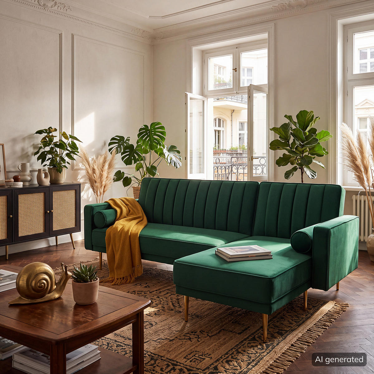 ECKSOFA mit Schlaffunktion - Dunkelgrün/Goldfarben, Textil/Metall (223/144cm) - home24