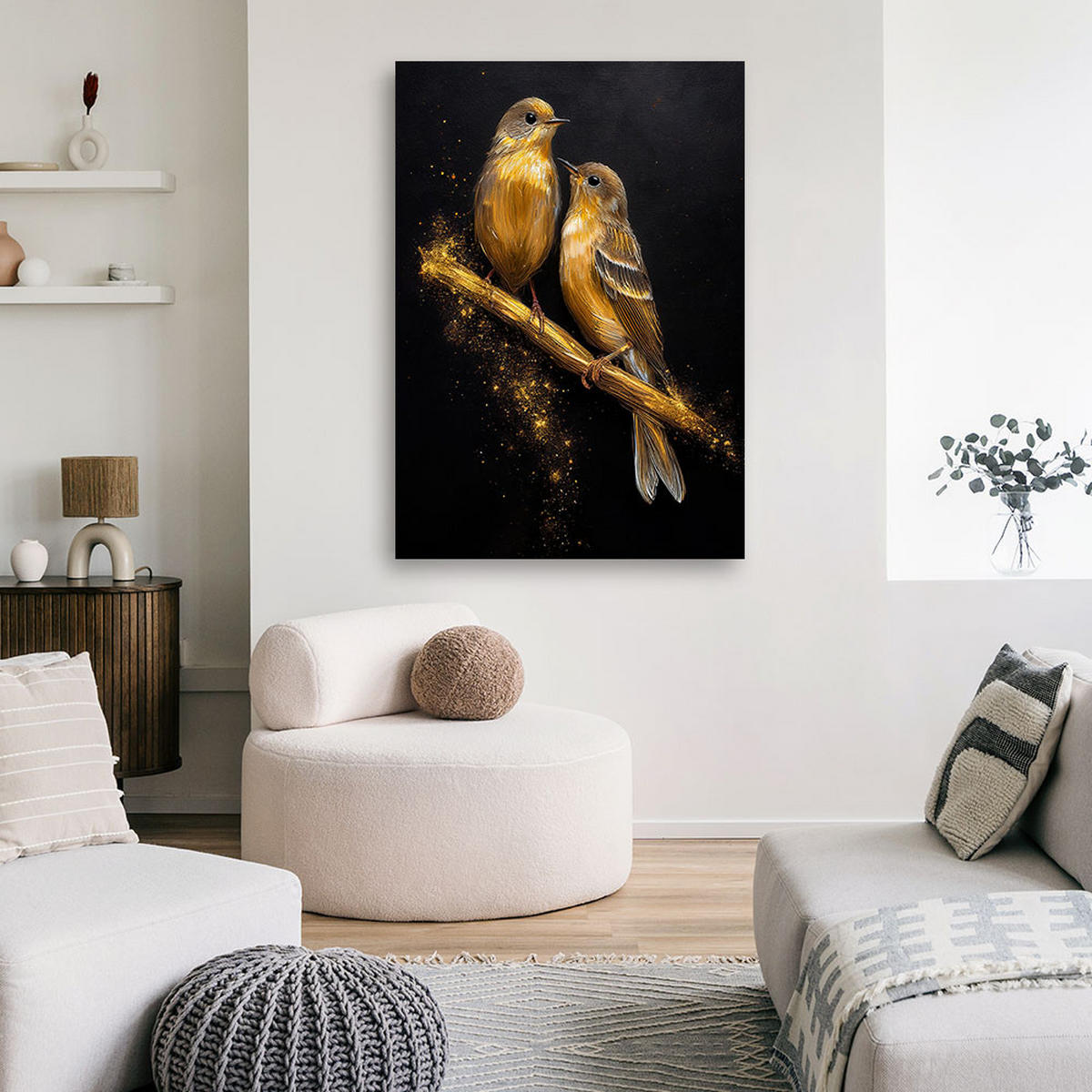 WANDBILD goldene vögel auf einem ast. tiere - Schwarz, Textil (40/60cm) - Feeby