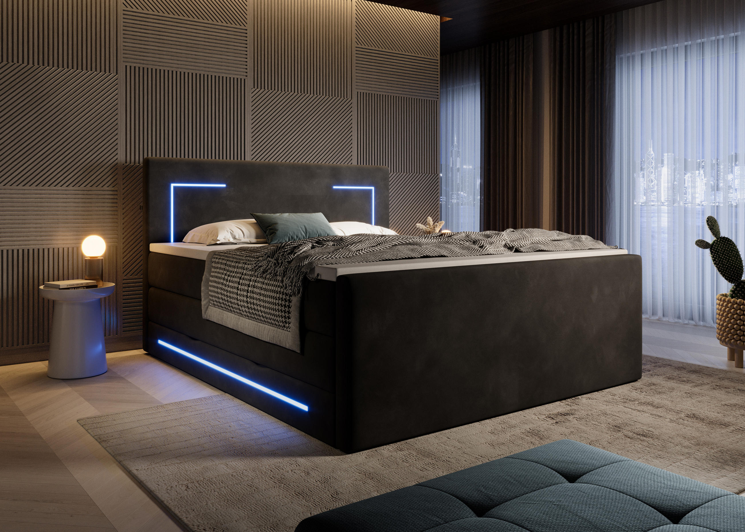 Thumbnail - wonello Boxspringbett, Schwarz, Textil, H4, Höhe ca. 19 cm, 200x200 cm, Schlafzimmer, Betten, Boxspringbetten