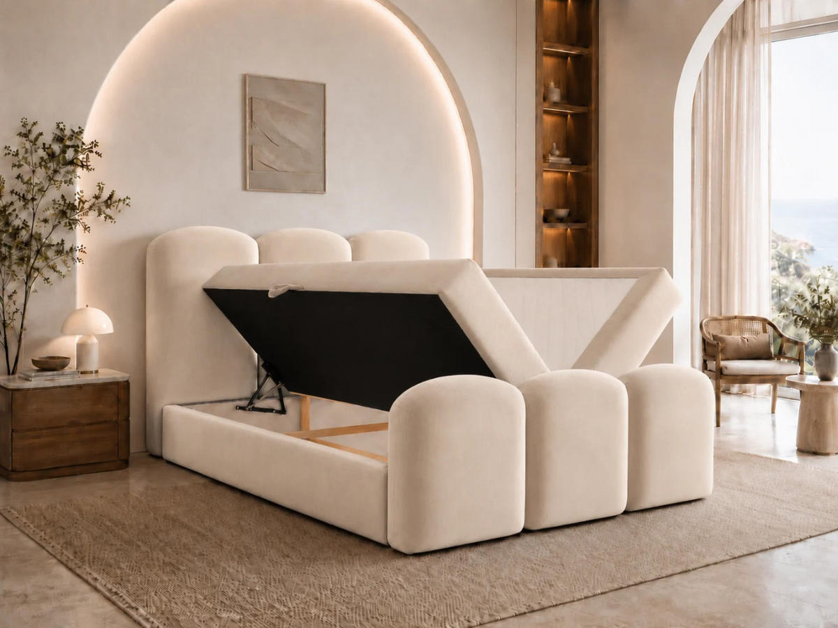 BOXBETT ROYAL 120x200 cm in Hellbeige, Bettkasten, Topper, Velvet-Stoff - Beige, Holz/Textil (120/200cm) - EMLAR Home