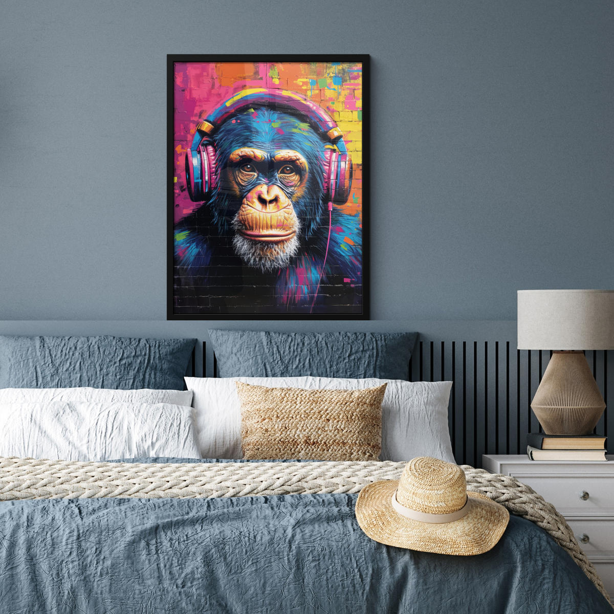GERAHMTES BILD Graffiti - Schimpanse - Straßenkunst - Kopfhörer - Affe 60x80 cm - Blau, Papier (60/80cm) - MuchoWow