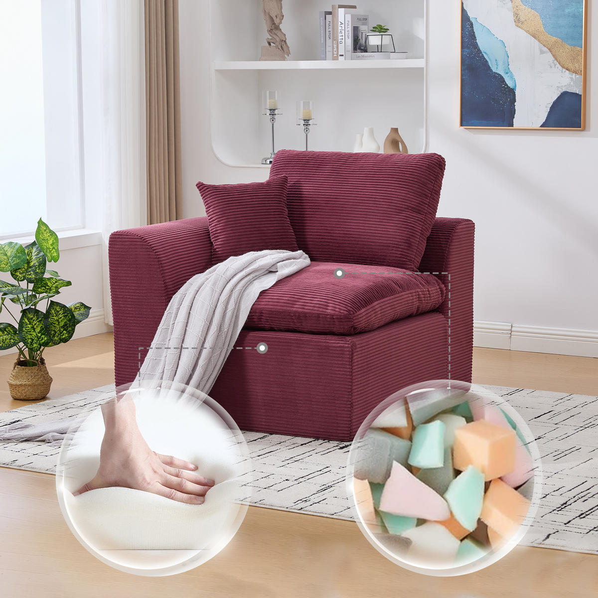 SESSEL Cord-Sofa mit Federkern-Polsterung und Kissen, Montagefrei - Dunkelrot, Textil (101/84/102cm) - Urban Meuble