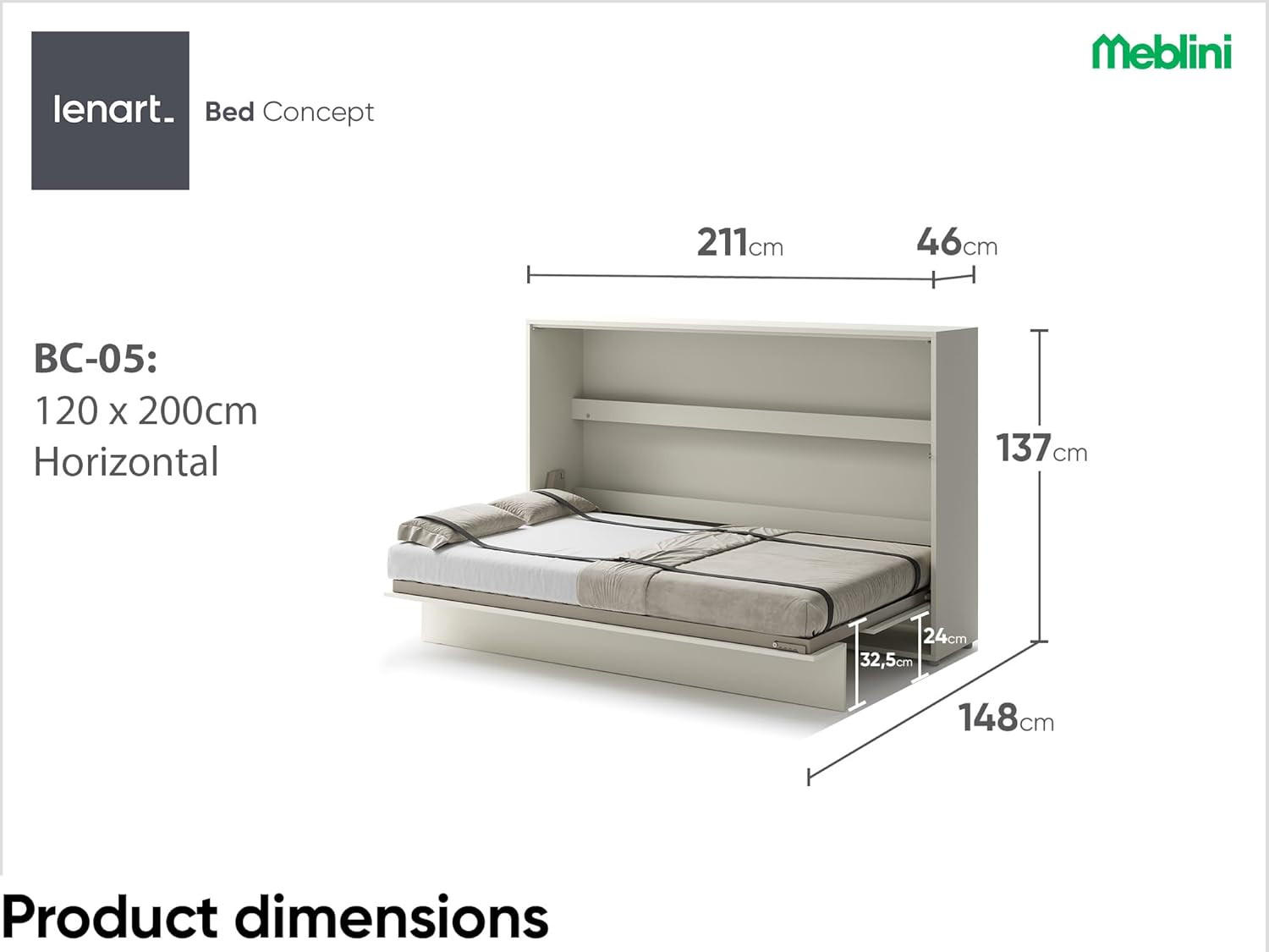 SCHRANKBETT BC-05 - 120x200cm Horizontal - Kaschmir - Kaschmir, Holzwerkstoff (200/120cm) - Meblini