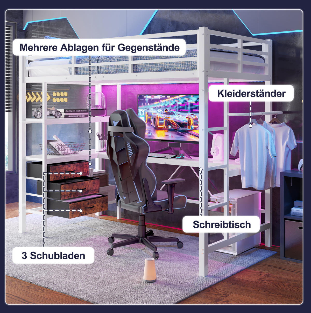 HOCHBETT 90/200 cm, Weiß mit Schreibtisch, Ambientelicht, 3 Schubladen - Weiß, Metall (90/200cm) - MIVRAY