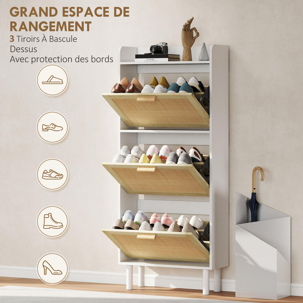 SCHUHSCHRANK DE-15057 3 Klapptüren mit geflochtener Resin-Optik Natur - Weiß, Holzwerkstoff (65/153/24.5cm) - ComfortXL