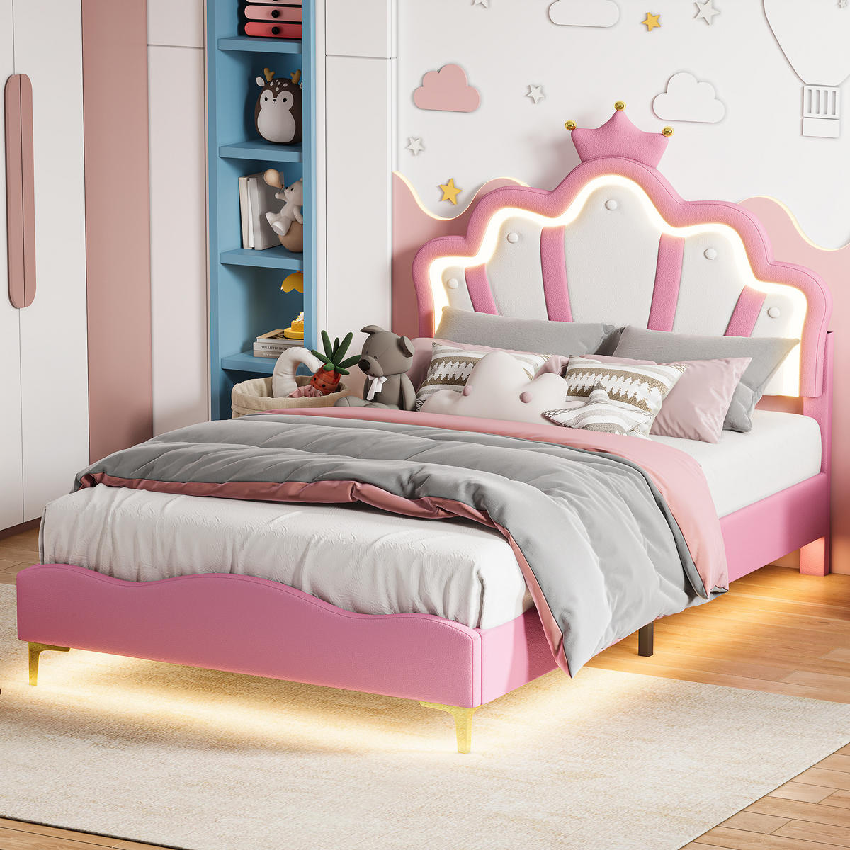 KINDERBETT 90/190 cm Rosa,LED-Kinderbett mit Verstellbarem Kopfteil,PU-Polsterbett - Rosa, Holz/Textil (90/190cm) - PARAFTA HOME