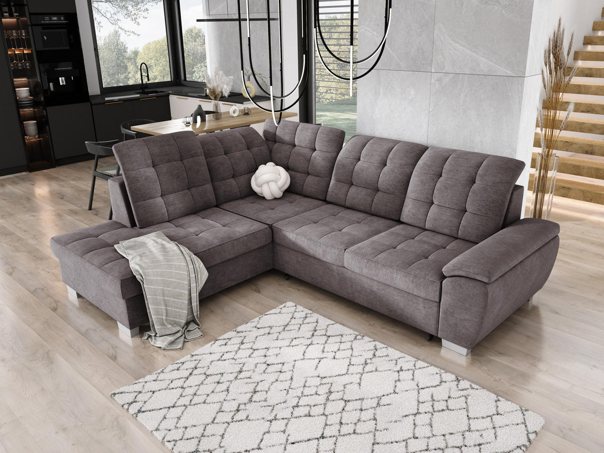 ECKSOFA LOTTA L-förmig Bettkasten verstellbare Kopfstützen hochwertige Verarbeitung lose Rückenkissen freistehend LINKS 212x258x106 cm Grey - Grau, Holz/Textil (212/258cm) - DomoHome