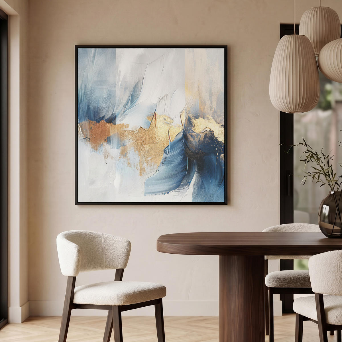 LEINWAND Bilder mit Rahmen - Gold - Blau - Aquarell - Kunst - Modern - 90x90 - Hellblau, Textil (90/90cm) - MuchoWow